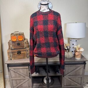 SKIMS Cozy Knit Pullover Sweater Red Black Brick Buffalo Plaid S/M Holiday Comfy